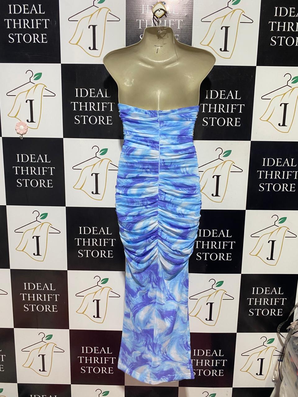 SAINTS & SECRETS |S| BUST 14| B43| BLUE AND PURPLE SWIRL PRINT STRAPLESS RUCHED MAXI DRESS BODYCON GOWN