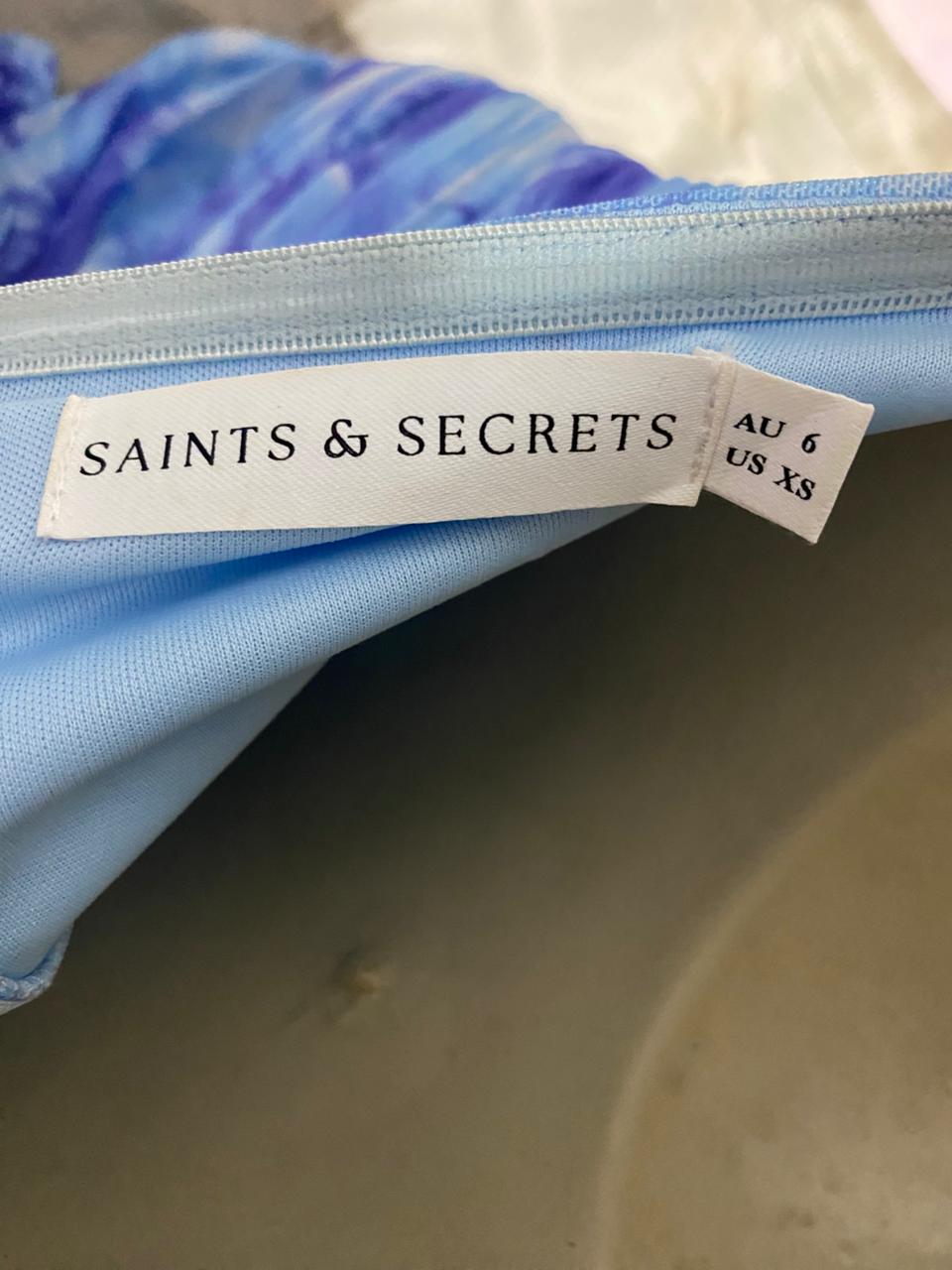 SAINTS & SECRETS |S| BUST 14| B43| BLUE AND PURPLE SWIRL PRINT STRAPLESS RUCHED MAXI DRESS BODYCON GOWN