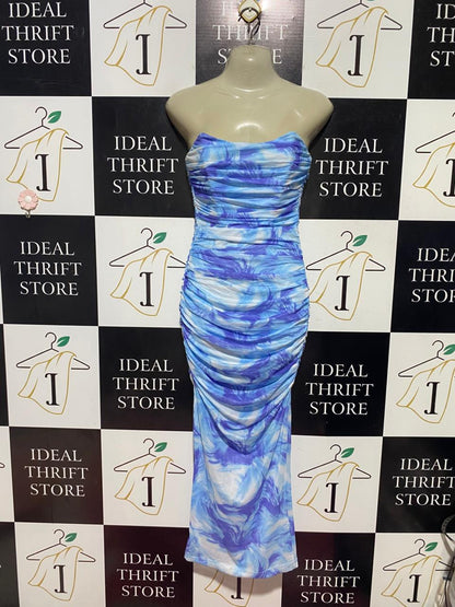 SAINTS & SECRETS |S| BUST 14| B43| BLUE AND PURPLE SWIRL PRINT STRAPLESS RUCHED MAXI DRESS BODYCON GOWN