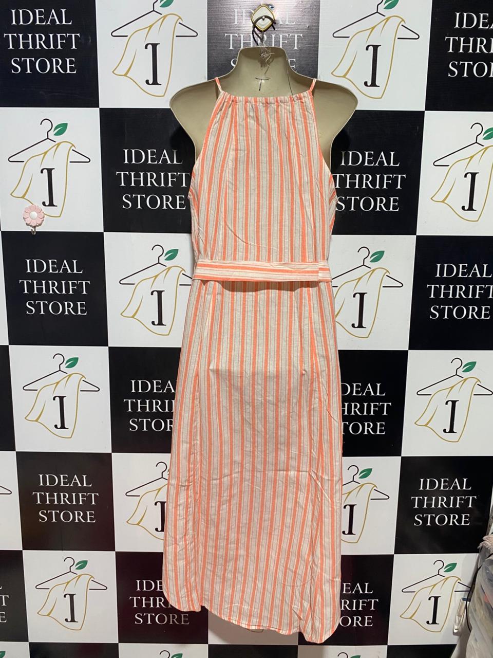 PETAL PUP |L| BUST 20| B43| ORANGE AND WHITE VERTICAL STRIPE BUTTON FRONT MIDI DRESS HALTER NECK WITH TIE BELT