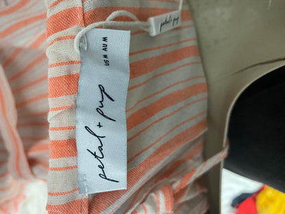PETAL PUP |L| BUST 20| B43| ORANGE AND WHITE VERTICAL STRIPE BUTTON FRONT MIDI DRESS HALTER NECK WITH TIE BELT