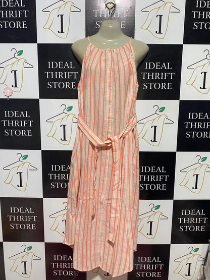 PETAL PUP |L| BUST 20| B43| ORANGE AND WHITE VERTICAL STRIPE BUTTON FRONT MIDI DRESS HALTER NECK WITH TIE BELT