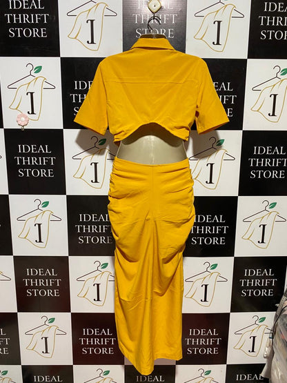 SHEIN |M| BUST 18| B43| MUSTARD YELLOW BUTTON FRONT SHIRTDRESS WAIST CUTOUT RUCHED MAXI DRESS