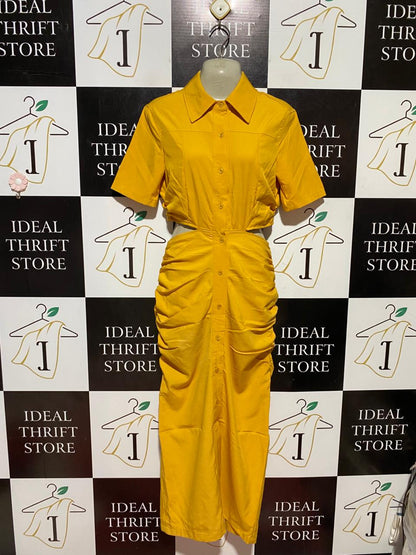 SHEIN |M| BUST 18| B43| MUSTARD YELLOW BUTTON FRONT SHIRTDRESS WAIST CUTOUT RUCHED MAXI DRESS