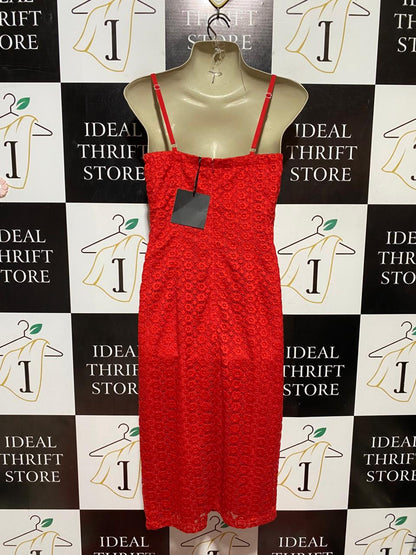 GEORGE |S| BUST 17| B43| RED EYELET LACE SPAGHETTI STRAP COCKTAIL DRESS V-NECK SHEATH MIDI SLIP DRESS