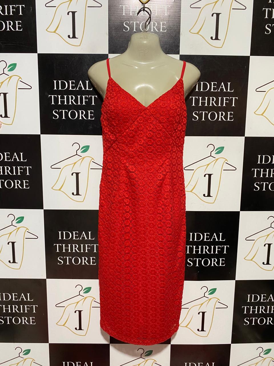 GEORGE |S| BUST 17| B43| RED EYELET LACE SPAGHETTI STRAP COCKTAIL DRESS V-NECK SHEATH MIDI SLIP DRESS