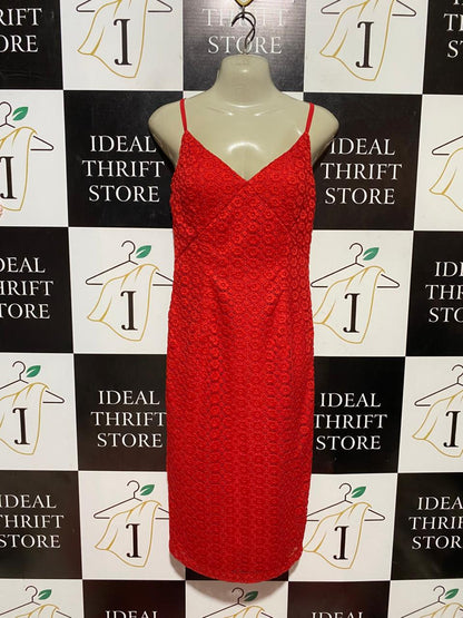 GEORGE |S| BUST 17| B43| RED EYELET LACE SPAGHETTI STRAP COCKTAIL DRESS V-NECK SHEATH MIDI SLIP DRESS