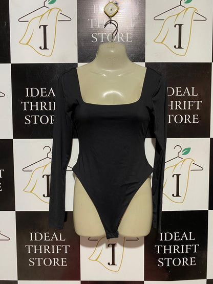 SUPRE |S| BUST 15| B43| BLACK SQUARE NECK LONG SLEEVE BODYSUIT HIGH CUT LEOTARD THONG STYLE TOP