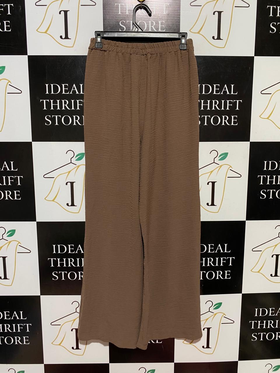|S| WAIST 26| B42| BROWN CRINKLE WIDE LEG PANTS HIGH WAISTED ELASTIC DRAWSTRING LOUNGE TROUSERS