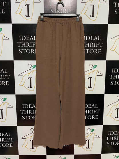 |S| WAIST 26| B42| BROWN CRINKLE WIDE LEG PANTS HIGH WAISTED ELASTIC DRAWSTRING LOUNGE TROUSERS
