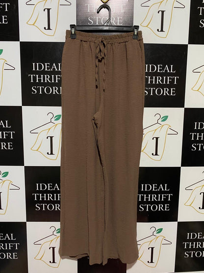 |S| WAIST 26| B42| BROWN CRINKLE WIDE LEG PANTS HIGH WAISTED ELASTIC DRAWSTRING LOUNGE TROUSERS