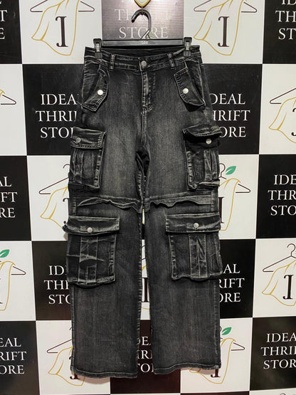 DAISY |M| WAIST 28| B42| BLACK WASHED DENIM MULTI POCKET CARGO PANTS HIGH WAISTED WIDE LEG UTILITY JEANS