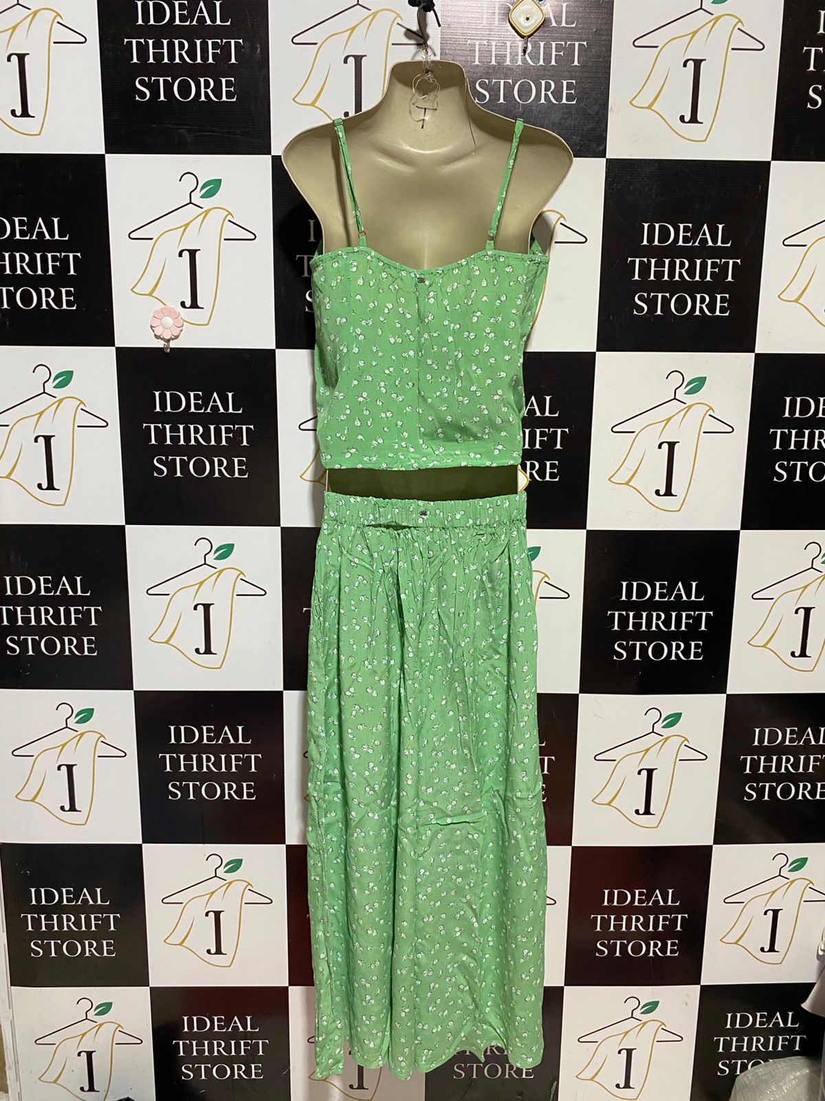 BILLA BONG |S| B42| GREEN FLORAL PRINT TWO PIECE SET CAMI CROP TOP WIDE LEG PANTS SUMMER MATCHING CO-ORD