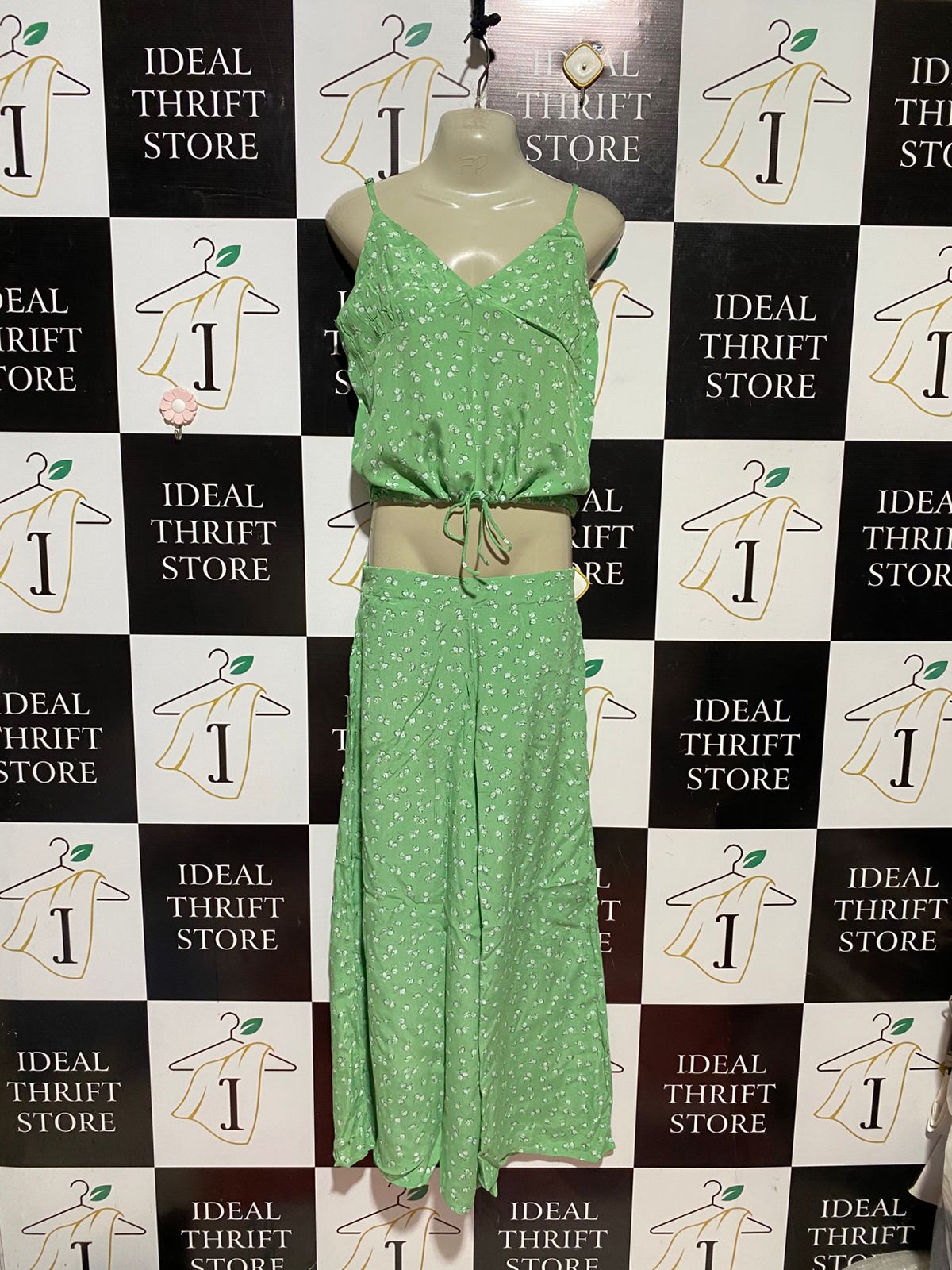 BILLA BONG |S| B42| GREEN FLORAL PRINT TWO PIECE SET CAMI CROP TOP WIDE LEG PANTS SUMMER MATCHING CO-ORD