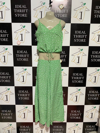 BILLA BONG |S| B42| GREEN FLORAL PRINT TWO PIECE SET CAMI CROP TOP WIDE LEG PANTS SUMMER MATCHING CO-ORD