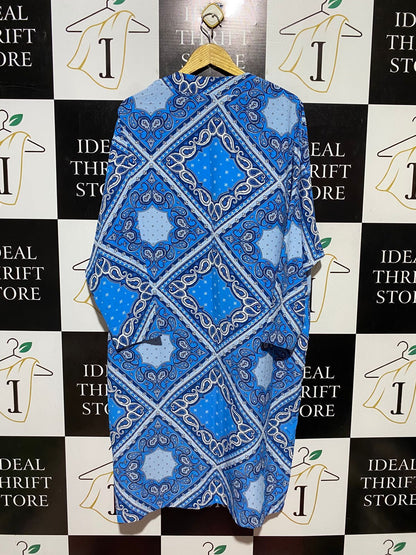 TRISH G |XL| BUST 24| B42| BLUE BANDANA PAISLEY PRINT OPEN FRONT KIMONO CARDIGAN LONG ROBE DUSTER