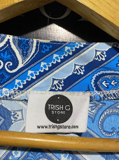 TRISH G |XL| BUST 24| B42| BLUE BANDANA PAISLEY PRINT OPEN FRONT KIMONO CARDIGAN LONG ROBE DUSTER