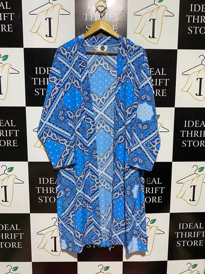 TRISH G |XL| BUST 24| B42| BLUE BANDANA PAISLEY PRINT OPEN FRONT KIMONO CARDIGAN LONG ROBE DUSTER
