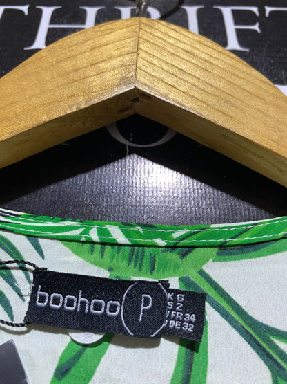 BOOHOO |S| B42| GREEN TROPICAL LEAF PRINT TWO PIECE SET LONG KIMONO CARDIGAN WIDE LEG PANTS CO-ORD