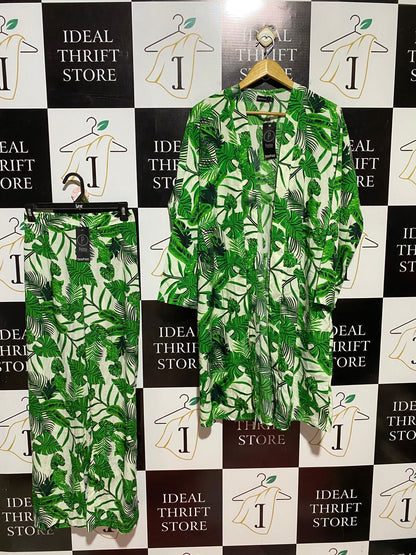 BOOHOO |S| B42| GREEN TROPICAL LEAF PRINT TWO PIECE SET LONG KIMONO CARDIGAN WIDE LEG PANTS CO-ORD