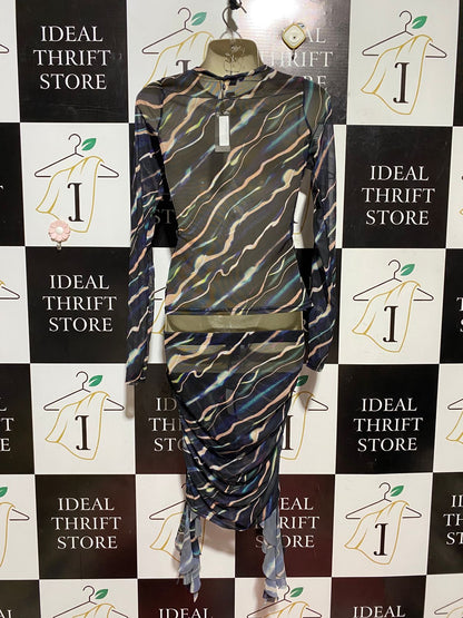 PRETTYLITTLE THING |M| B42| ABSTRACT WAVE PRINT MESH TWO PIECE SET LONG SLEEVE KEYHOLE TOP RUCHED MIDI SKIRT CO-ORD