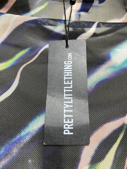 PRETTYLITTLE THING |M| B42| ABSTRACT WAVE PRINT MESH TWO PIECE SET LONG SLEEVE KEYHOLE TOP RUCHED MIDI SKIRT CO-ORD