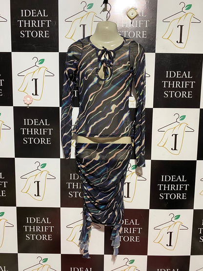 PRETTYLITTLE THING |M| B42| ABSTRACT WAVE PRINT MESH TWO PIECE SET LONG SLEEVE KEYHOLE TOP RUCHED MIDI SKIRT CO-ORD
