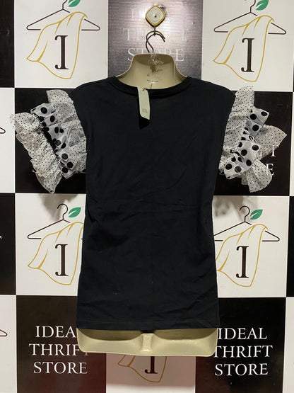 RIVER ISLAND |M| BUST 18| B42| BLACK MORE L'AMOUR GRAPHIC TEE POLKA DOT RUFFLED MESH SLEEVE T-SHIRT
