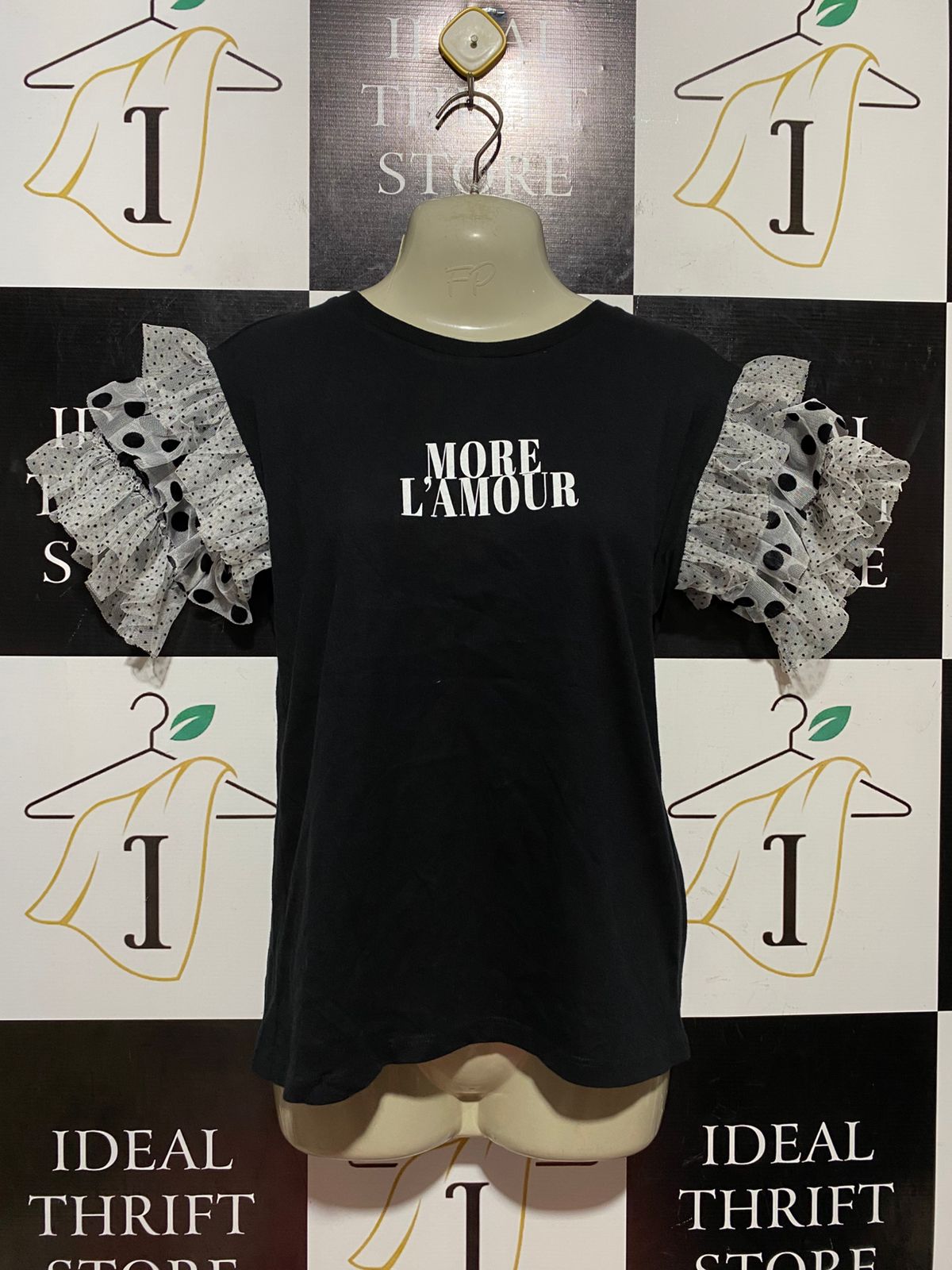 RIVER ISLAND |M| BUST 18| B42| BLACK MORE L'AMOUR GRAPHIC TEE POLKA DOT RUFFLED MESH SLEEVE T-SHIRT