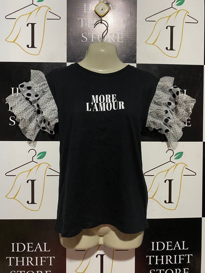 RIVER ISLAND |M| BUST 18| B42| BLACK MORE L'AMOUR GRAPHIC TEE POLKA DOT RUFFLED MESH SLEEVE T-SHIRT