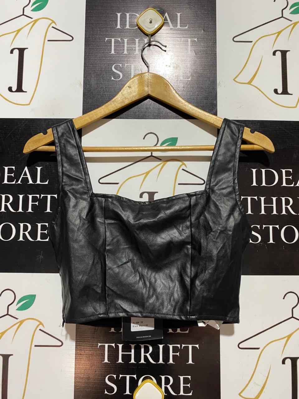 CALL ME EDEN |XS| BUST 14| B42| WOMEN'S BLACK FAUX LEATHER RUFFLED CROP TANK TOP