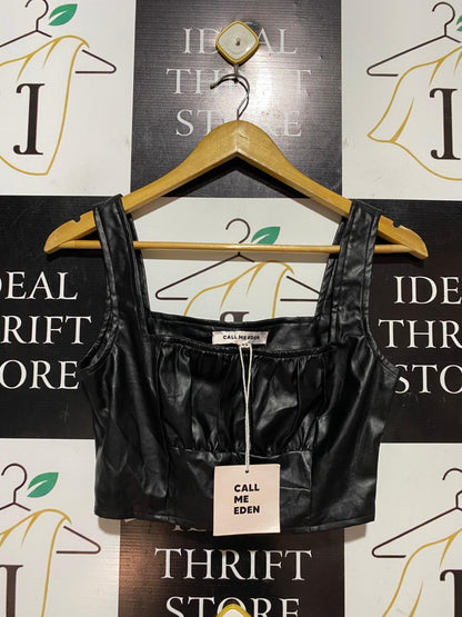 CALL ME EDEN |XS| BUST 14| B42| WOMEN'S BLACK FAUX LEATHER RUFFLED CROP TANK TOP