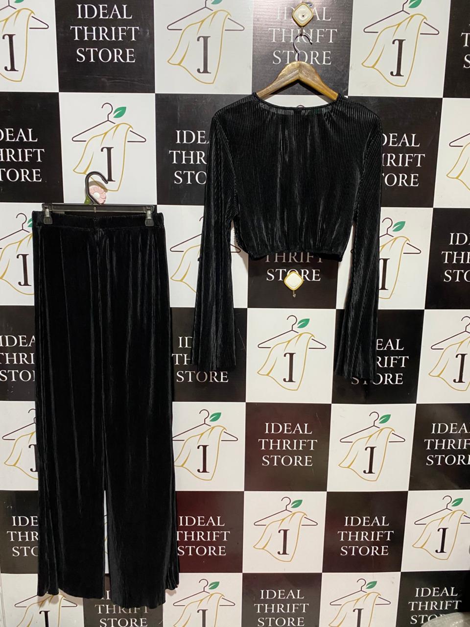 SHEIN |L| B42| BLACK PLEATED TWIST-FRONT CROP TOP & WIDE-LEG PANTS CO-ORD