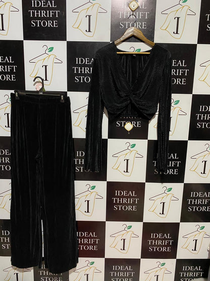 SHEIN |L| B42| BLACK PLEATED TWIST-FRONT CROP TOP & WIDE-LEG PANTS CO-ORD