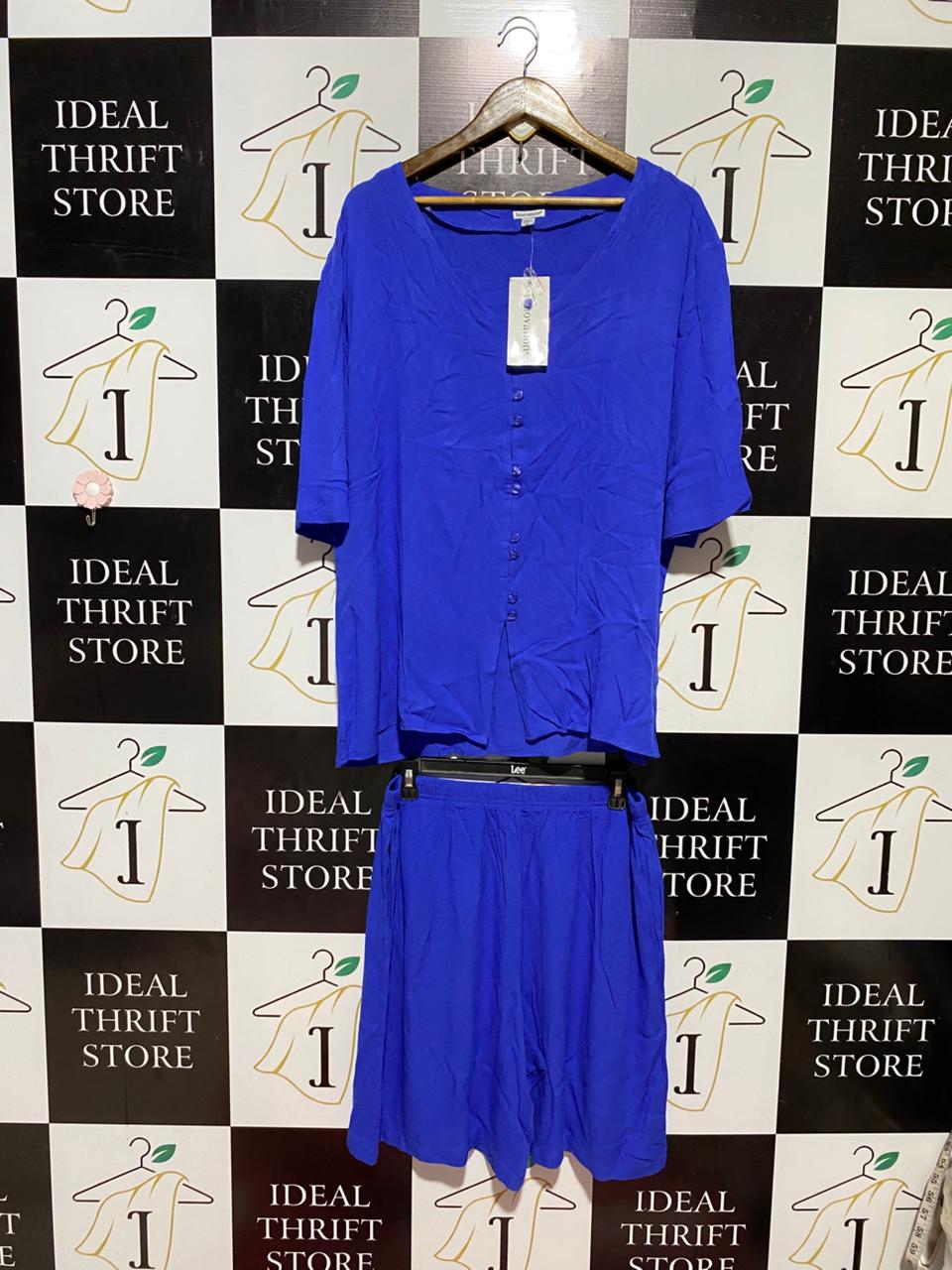 INNOVATIONS |M| B42| ROYAL BLUE TWO-PIECE MATCHING SET - BUTTON-FRONT BLOUSE & ELASTIC WAIST SHORT SKIRT CO-ORD