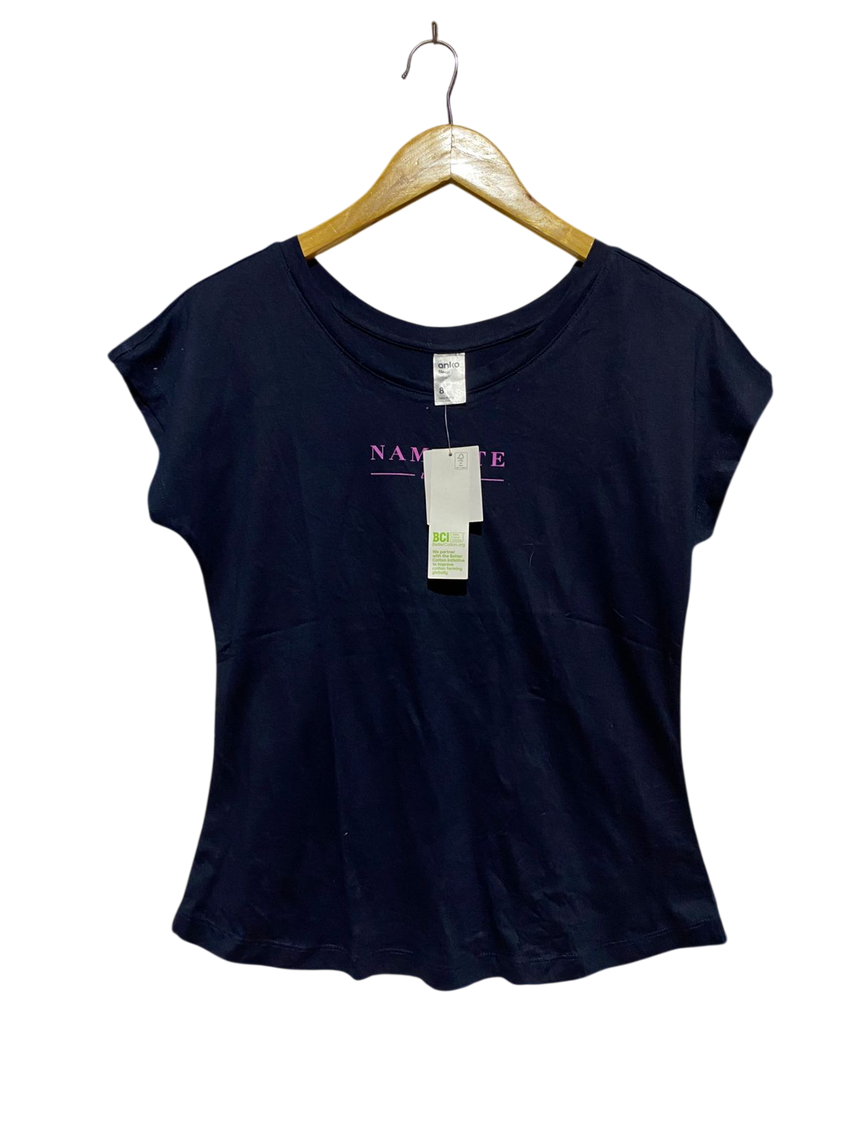 ANKO |S| BUST 18| B43| NAVY BLUE T-SHIRT "NAMASTE" GRAPHIC SCOOP NECK SHORT SLEEVE TEE