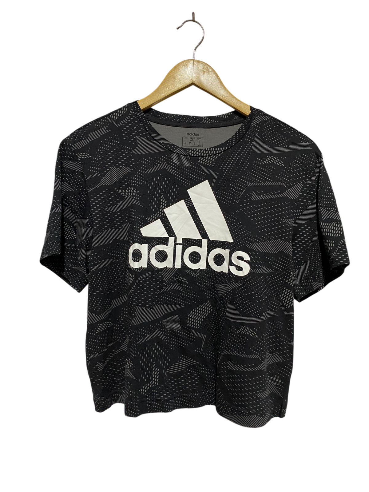 ADIDAS |S| BUST 19| B43| CROP T-SHIRT BLACK GRAY GEOMETRIC PRINT BIG LOGO SHORT SLEEVE TEE