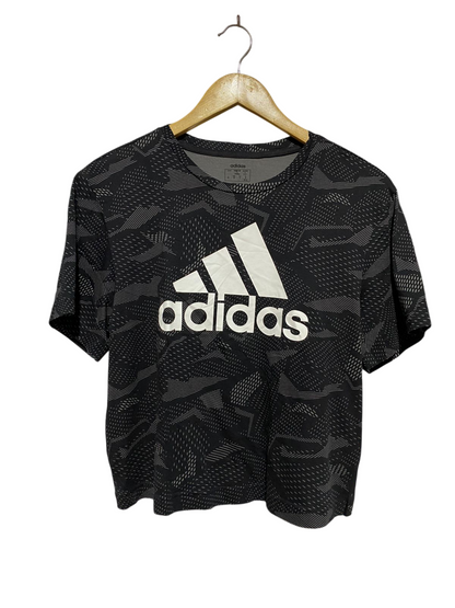 ADIDAS |S| BUST 19| B43| CROP T-SHIRT BLACK GRAY GEOMETRIC PRINT BIG LOGO SHORT SLEEVE TEE