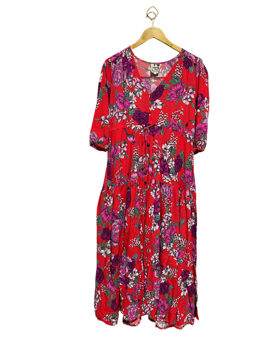 JAASE |L| BUST 20| B43| MAXI DRESS RED PURPLE FLORAL BOHO TIERED V-NECK COTTAGECORE
