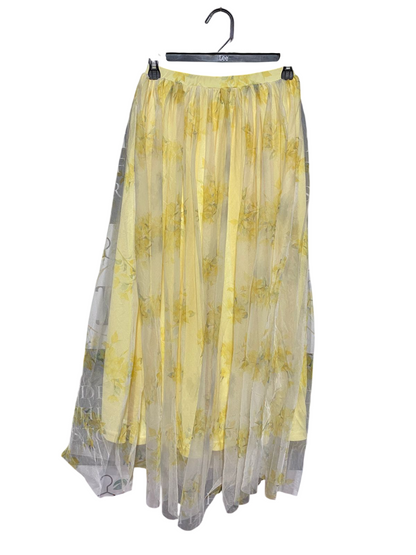 SHEIN | XS| WAIST 22| B43| TULLE MAXI SKIRT YELLOW FLORAL PRINT LAYERED MESH OVERLAY ELASTIC WAIST BOHO