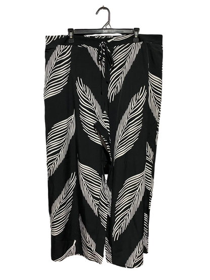 SHEIN CURVE |XXXL| WAIST 39| B43| WIDE LEG PANTS BLACK WHITE FEATHER PALM LEAF PRINT DRAWSTRING TROUSERS CULOTTES