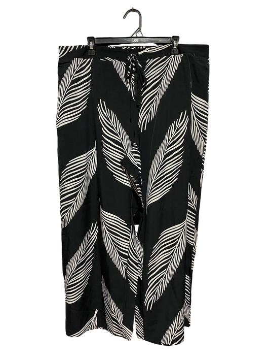 SHEIN CURVE |XXXL| WAIST 39| B43| WIDE LEG PANTS BLACK WHITE FEATHER PALM LEAF PRINT DRAWSTRING TROUSERS CULOTTES