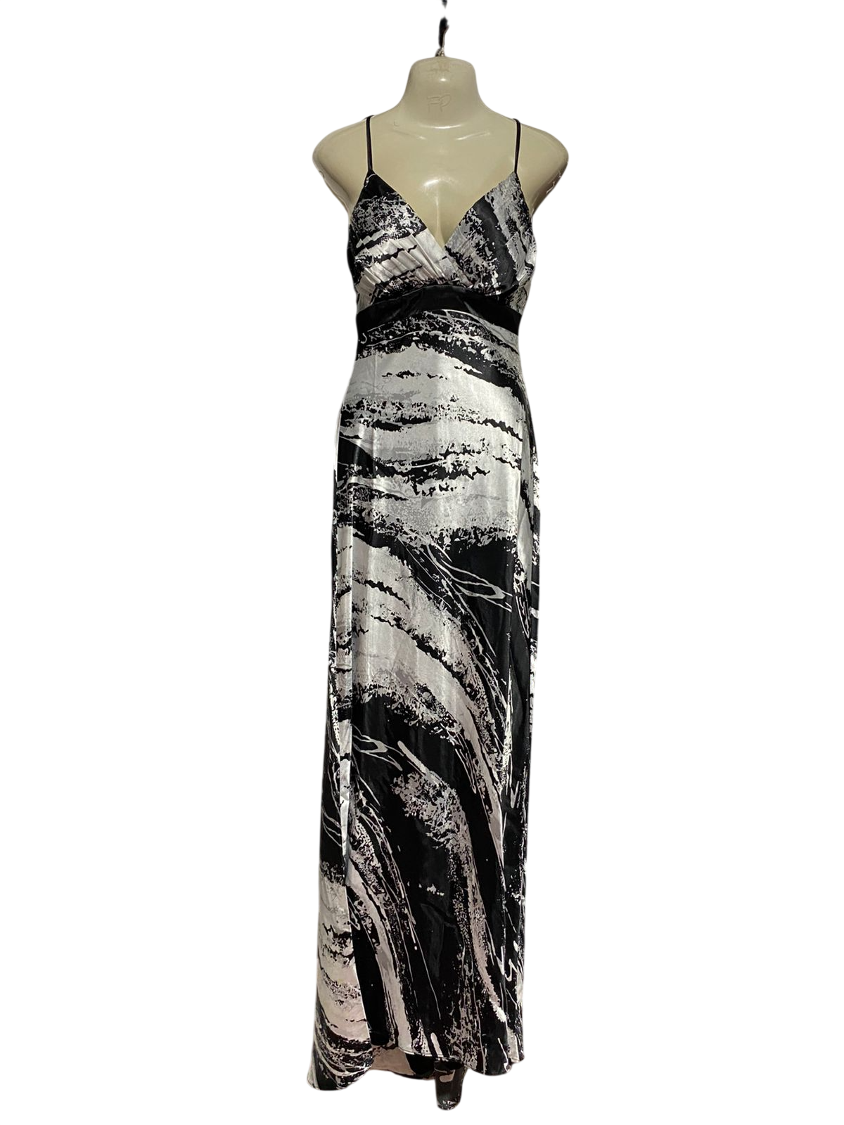 MRK |S| BUST 15| B43| MAXI DRESS SATIN SILKY BLACK SILVER ABSTRACT PATTERN SLIP GOWN FORMAL PARTY
