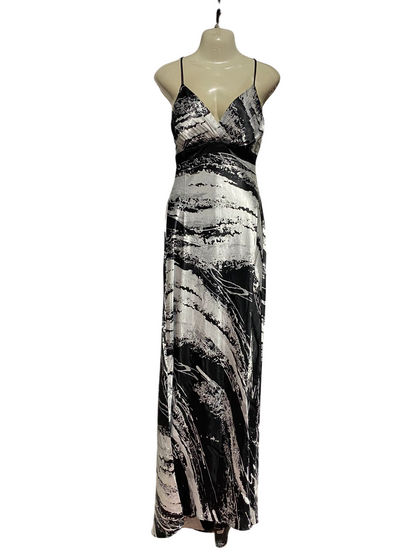 MRK |S| BUST 15| B43| MAXI DRESS SATIN SILKY BLACK SILVER ABSTRACT PATTERN SLIP GOWN FORMAL PARTY