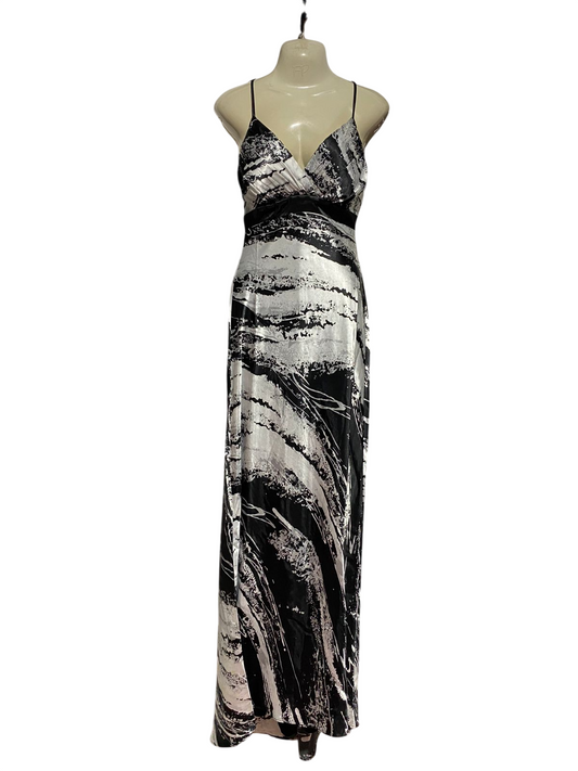 MRK |S| BUST 15| B43| MAXI DRESS SATIN SILKY BLACK SILVER ABSTRACT PATTERN SLIP GOWN FORMAL PARTY
