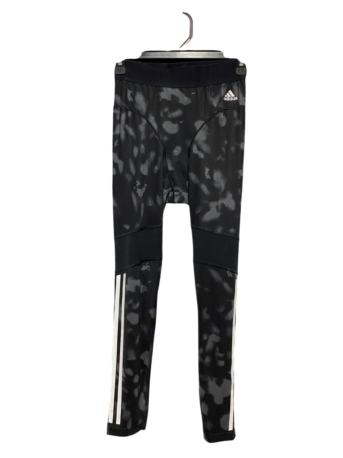 ADIDAS |XS| WAIST 24| B43| BLACK AND GREY TIE DYE PRINT THREE STRIPE HIGH WAISTED LEGGINGS ATHLEISUREWEAR