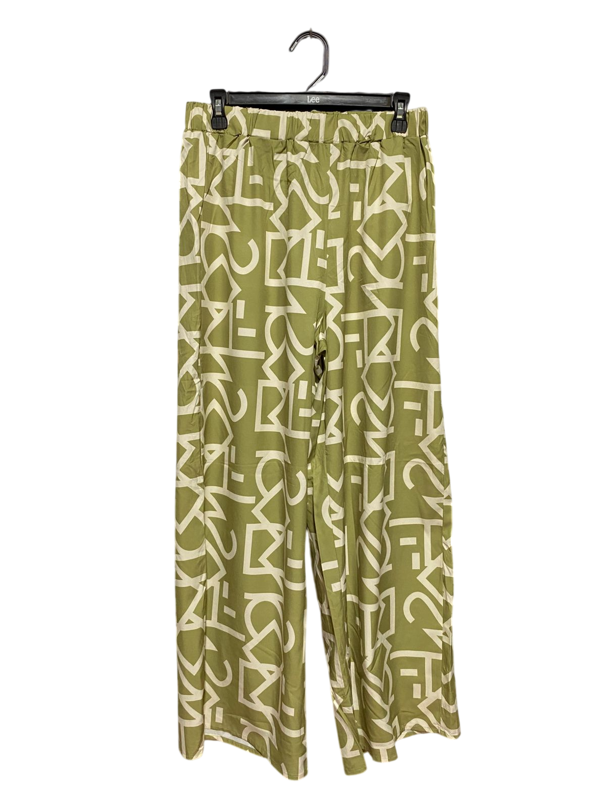 SHEIN |L| WAIST 29| B43| CHIC OLIVE GREEN AND CREAM ABSTRACT GRAPHIC PRINT HIGH WAISTED WIDE LEG PANTS