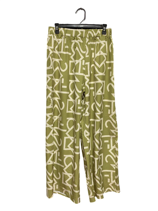 SHEIN |L| WAIST 29| B43| CHIC OLIVE GREEN AND CREAM ABSTRACT GRAPHIC PRINT HIGH WAISTED WIDE LEG PANTS