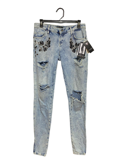 GUESS |L| WAIST 30| B43| LIGHT WASH DISTRESSED GEM EMBELLISHED MARILYN 3 ZIP SKINNY JEANS