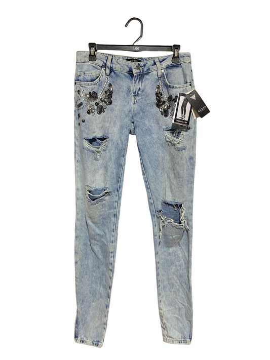GUESS |L| WAIST 30| B43| LIGHT WASH DISTRESSED GEM EMBELLISHED MARILYN 3 ZIP SKINNY JEANS